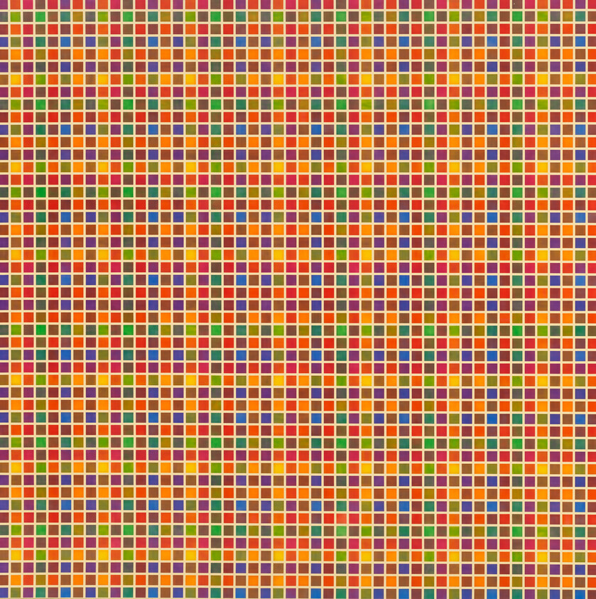 Dense grid of small multicolored squares arranged in a regular checkerboard pattern.