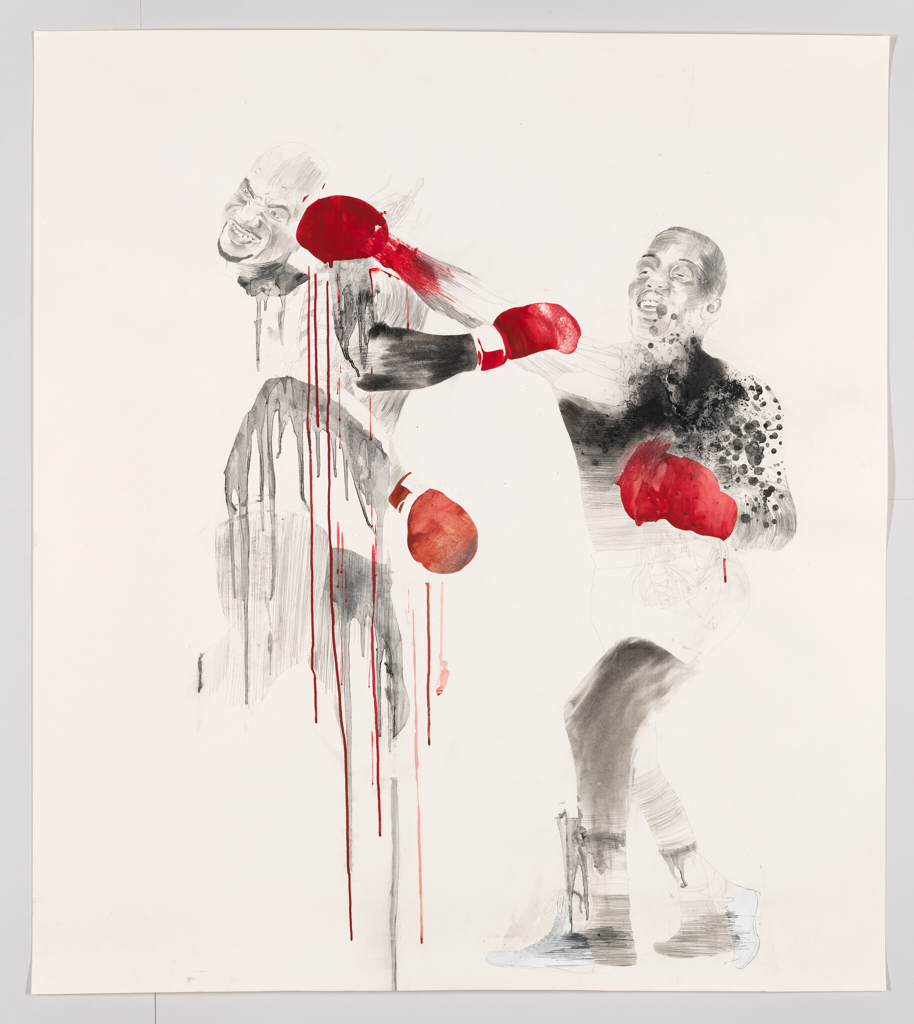 Two boxers with bright red gloves collide, the left fighter bleeding red paint.