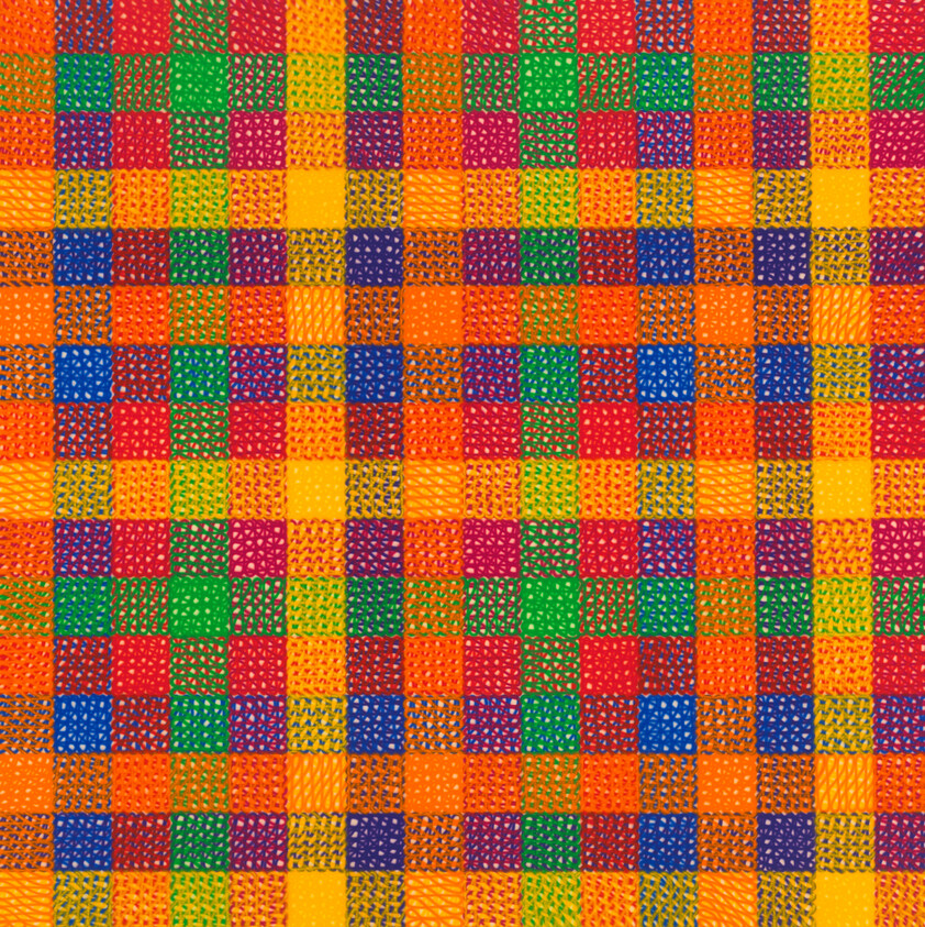 Bright woven textile with a multicolored checkerboard pattern of small textured squares.