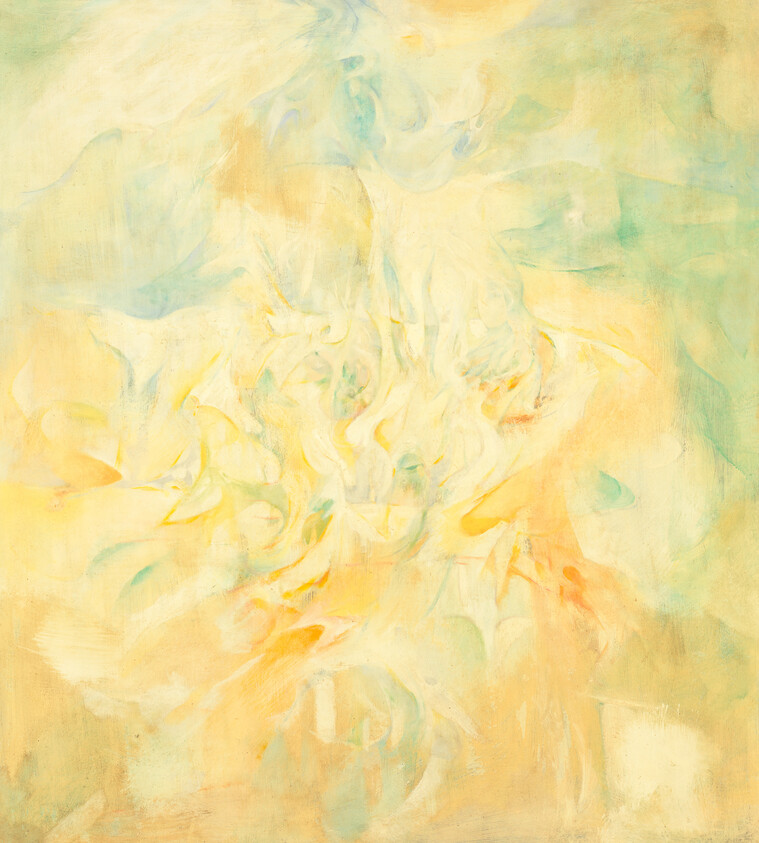 Soft swirling pastel yellows and greens suggest an abstract glowing floral form.