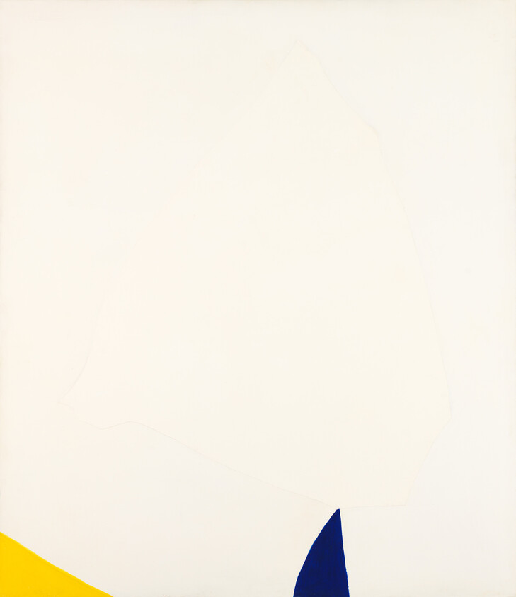 Large pale canvas with a small yellow triangle and a blue curved shape near the bottom.
