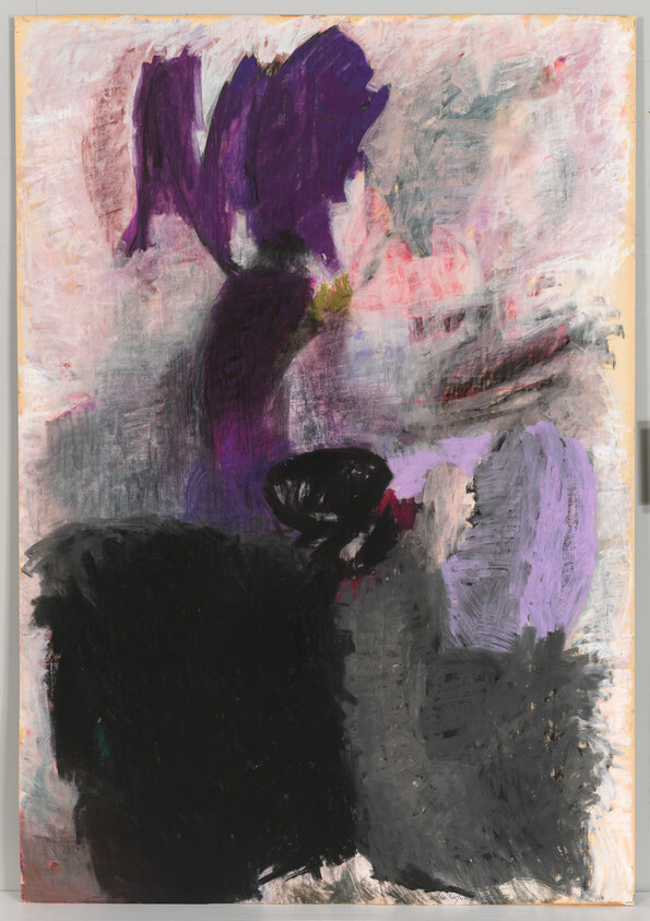 Abstract painting with bold black and purple brushstrokes forming amorphous shapes against a pale background.
