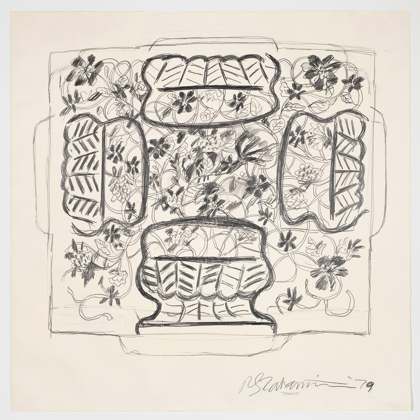Loose black ink sketch of a floral-patterned decorative urn and surrounding cushion shapes with vines.