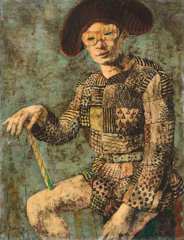 A seated figure in patchwork clothing and a wide hat leans on a striped cane.
