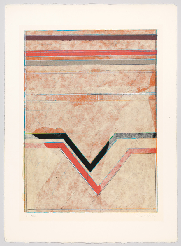 A geometric abstract artwork featuring a large chevron or 'V' shape in black, blue, and red lines against a background of horizontal stripes in similar colors. The paper appears aged with a textured, mottled surface. The artwork is numbered and signed by the artist in the lower margin.