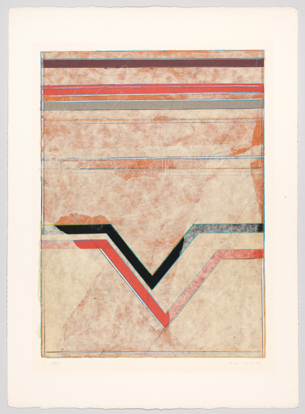 Abstract geometric print with a large V-shaped chevron of black, red, and blue on faded beige.