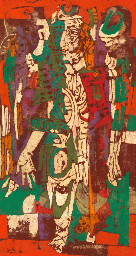 A vibrant abstract painting featuring a collage of shapes and colors that form a fragmented, cubist-style representation of figures and faces. Dominant colors include red, green, and orange, with touches of purple and white, creating a bold and dynamic composition. The artwork is signed at the bottom left.