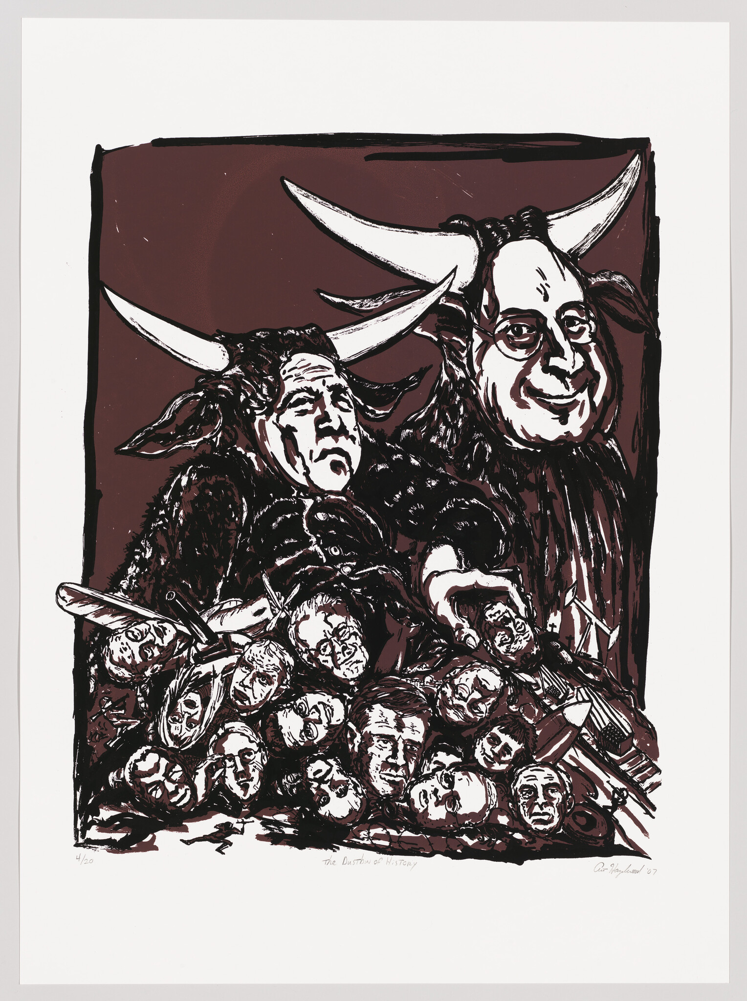 Two horned figures loom over a pile of severed heads in a dark, crowded scene.