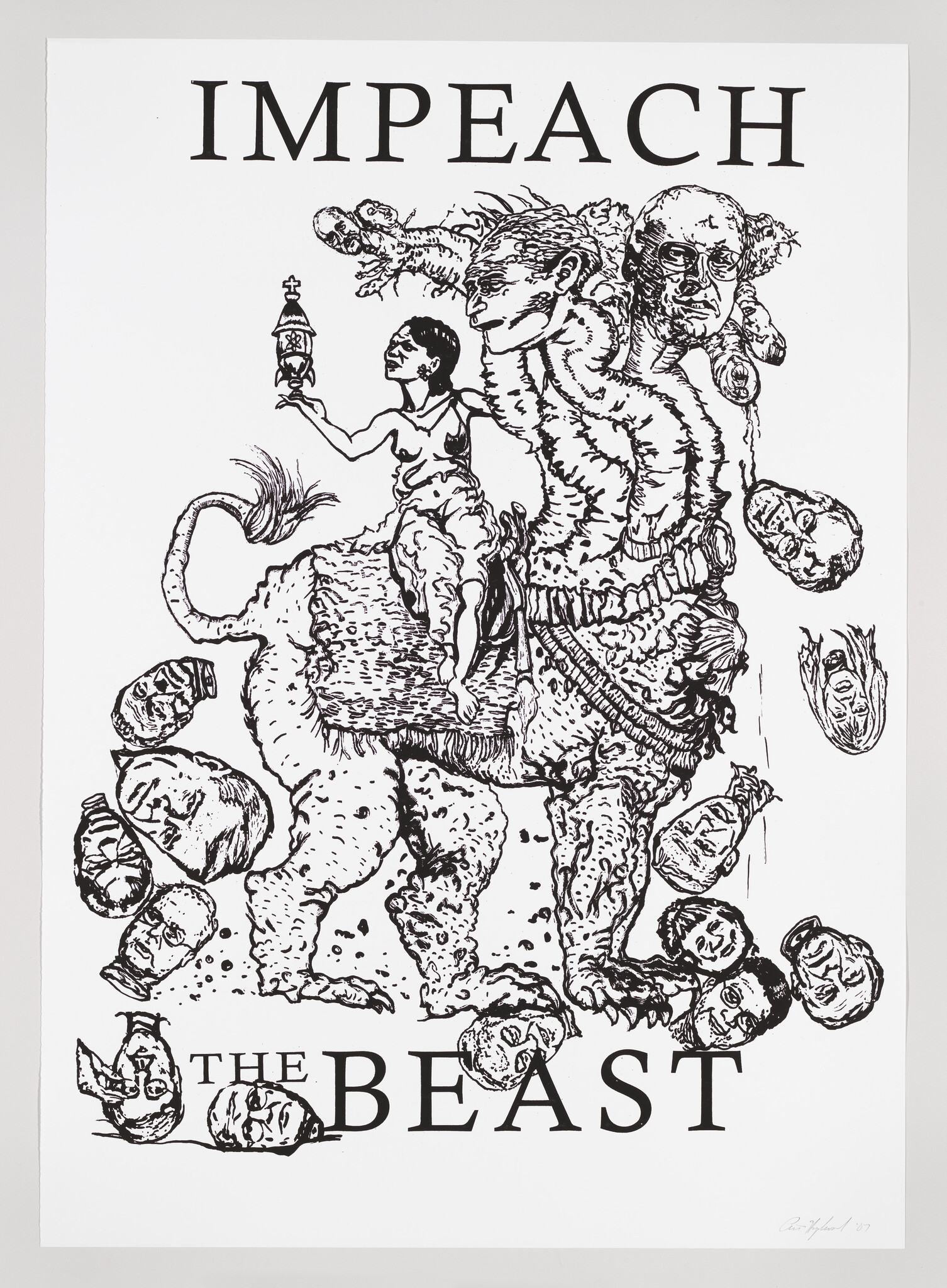 A multi-headed grotesque beast with human faces tramples severed heads under the words impeach the beast.