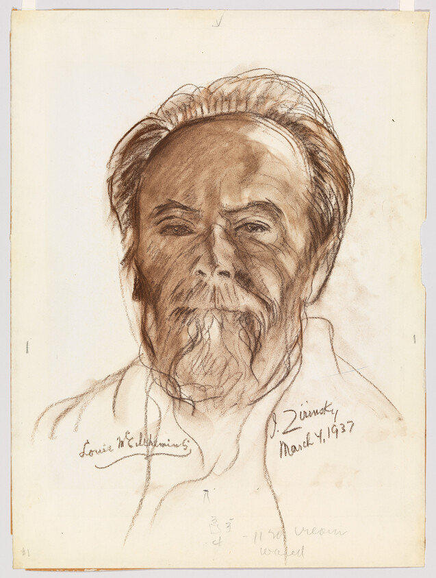 Charcoal portrait of an elderly bearded man with deep-set eyes and a thoughtful expression.