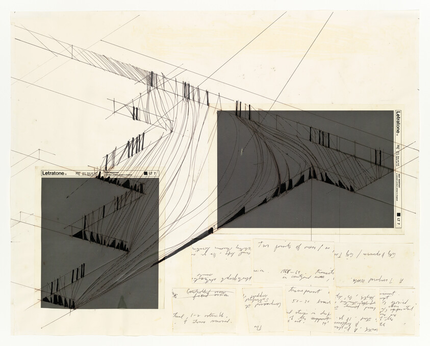 Abstract architectural drawing with two dark panels connected by sweeping curved lines and handwritten notes.