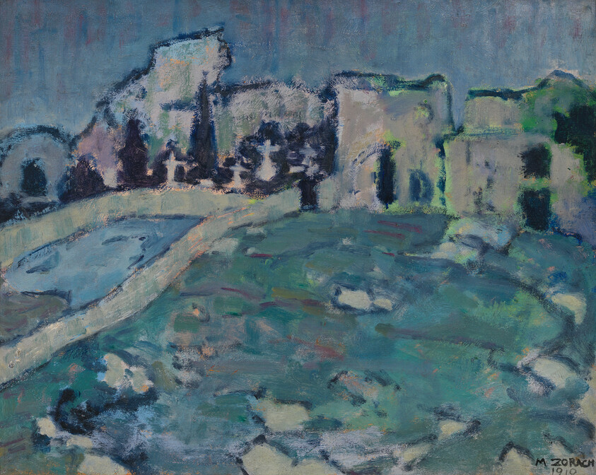 Ruined stone buildings and arches surround a grassy courtyard with scattered rocks and a small pool.