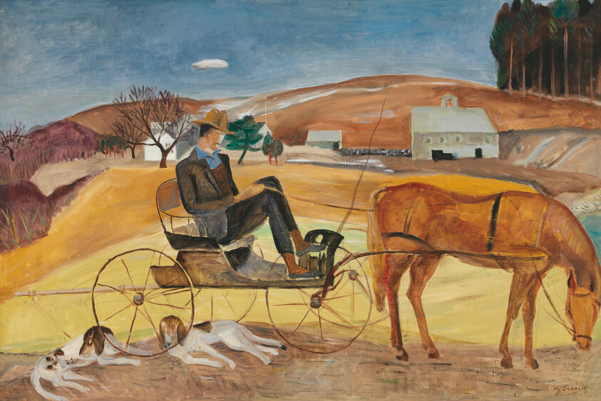 A painting depicting a man in a black suit and hat sitting on a horse-drawn cart, with two dogs lying on the ground beside the cart. The horse is brown with a black mane, and the background features a rural landscape with a barn, trees, and rolling hills under a blue sky with a single cloud. The artwork is signed "Zorach" at the bottom right.