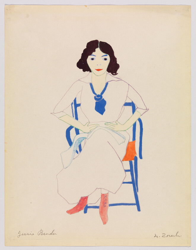 A woman with dark hair sits on a blue chair wearing a white dress and red boots.