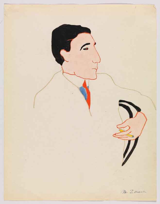 A minimalist drawing of a seated man in a suit holding a cigarette while resting his arm.