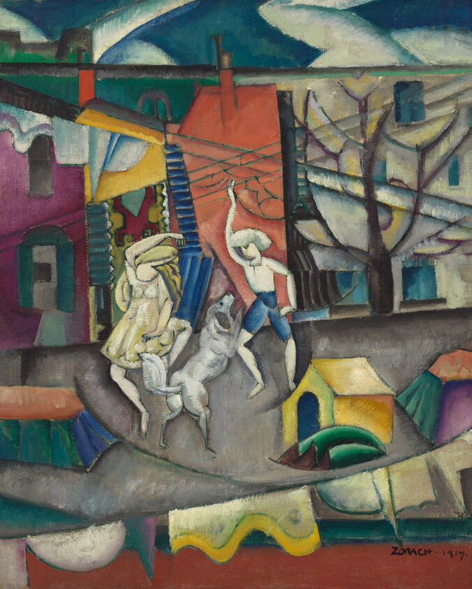 Two people play with a jumping white dog in a colorful abstract courtyard.