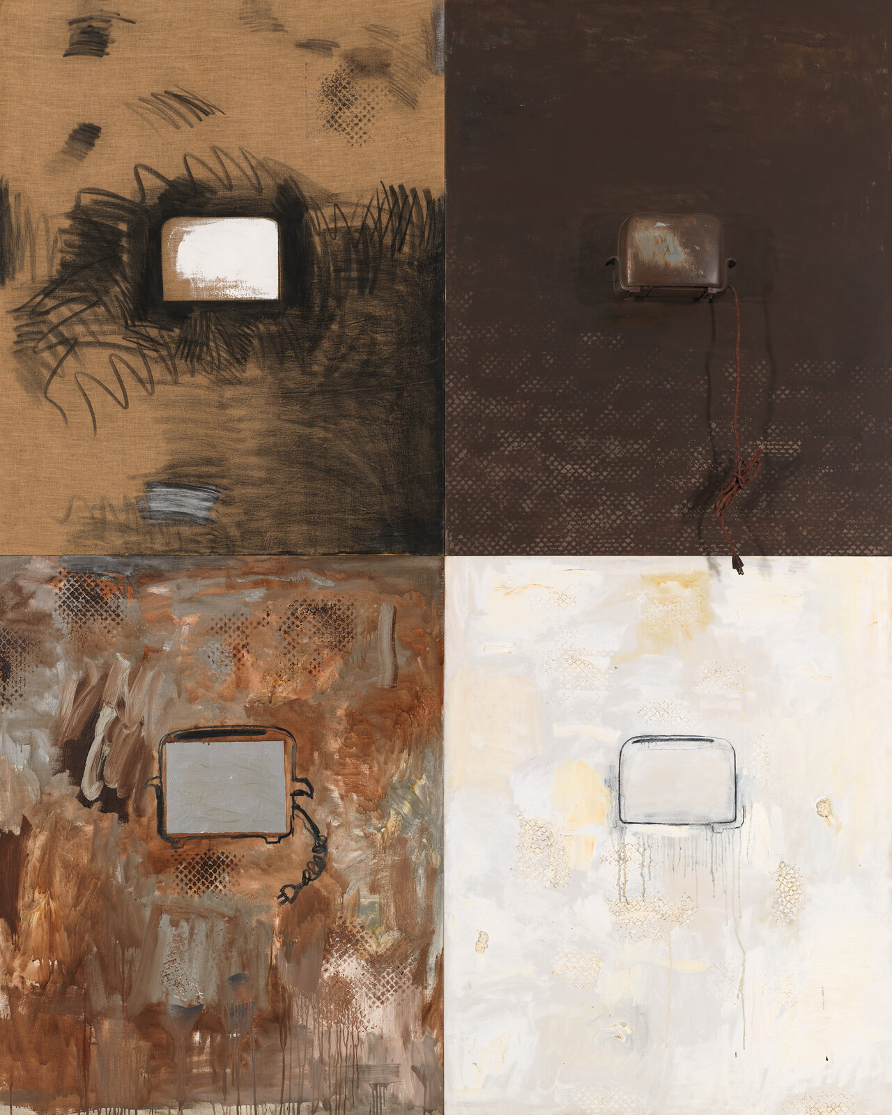 A wooden box with a blue video window sits on a white pedestal beneath wall text about video.