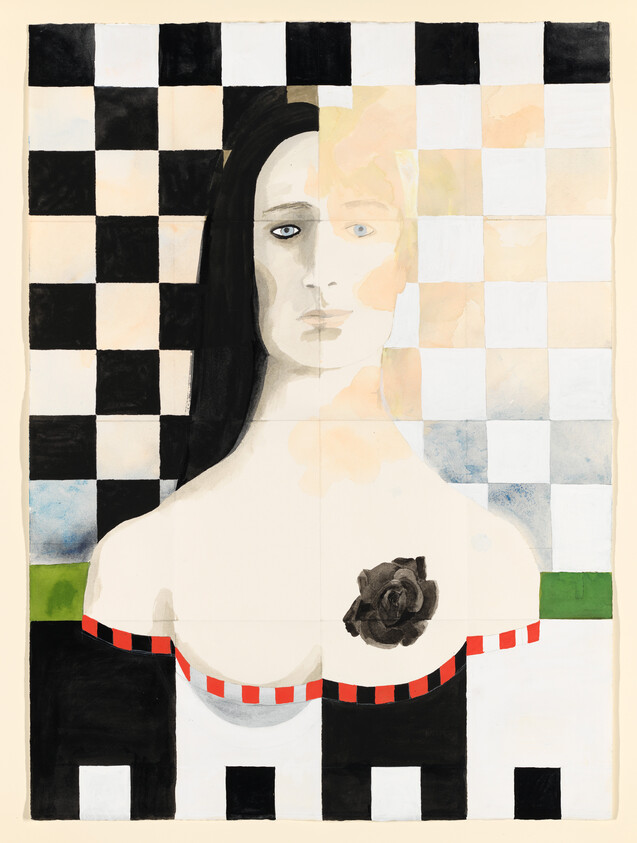 A stylized woman with split-toned face stands against a black-and-white checkerboard background, a black rose on her chest.