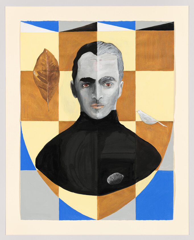 A two-toned bust of a man against a checkerboard background with a leaf and bird.
