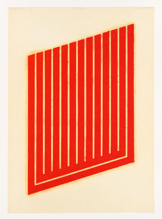 A tilted red trapezoid with evenly spaced vertical white lines on a cream background.