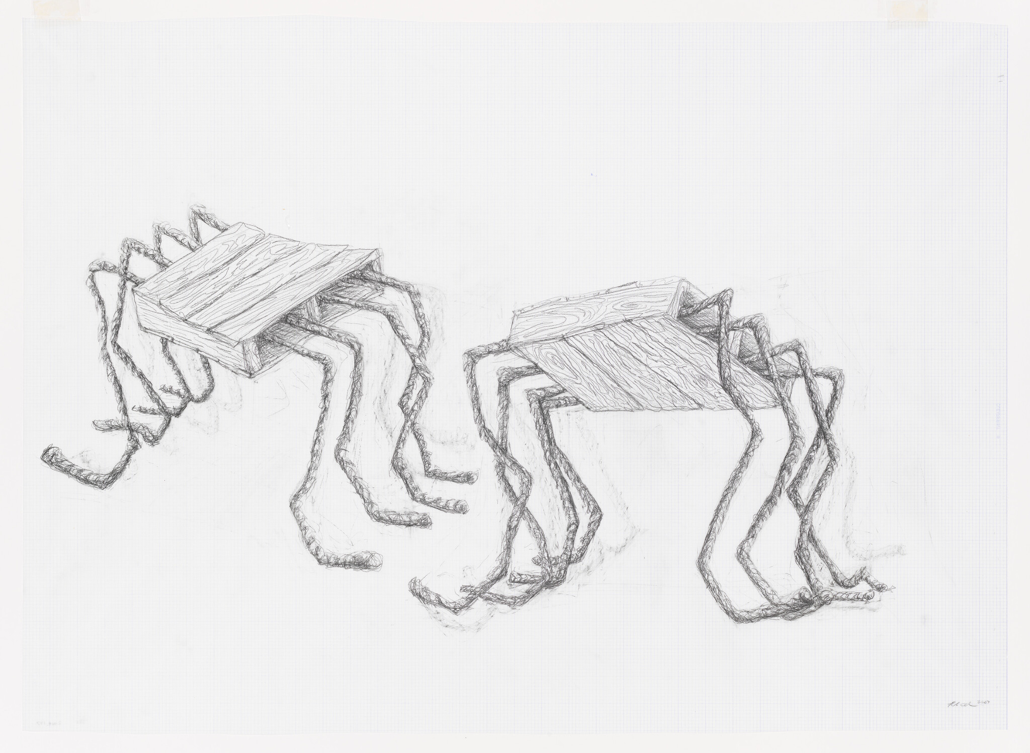 Two wooden box creatures walk on many spindly, textured legs across a blank background.