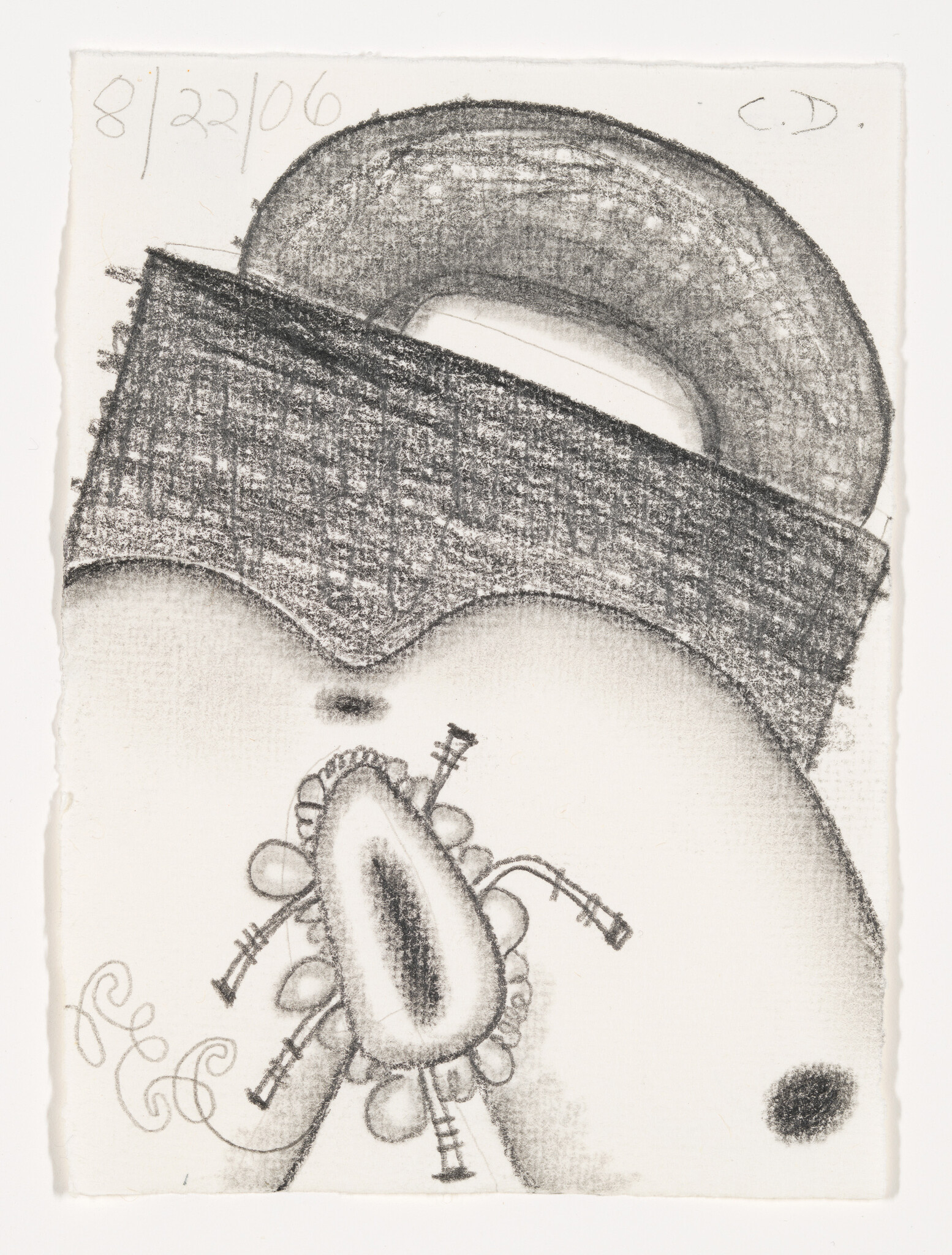 A black and white abstract sketch featuring a large, shaded loop intersecting with a textured band across the upper portion. Below, a central, oval-like shape with protruding linear and circular elements suggests a mechanical or organic form. The background is lightly shaded, and the artwork is dated "8/22/06" with initials "C.D." in the upper right corner.
