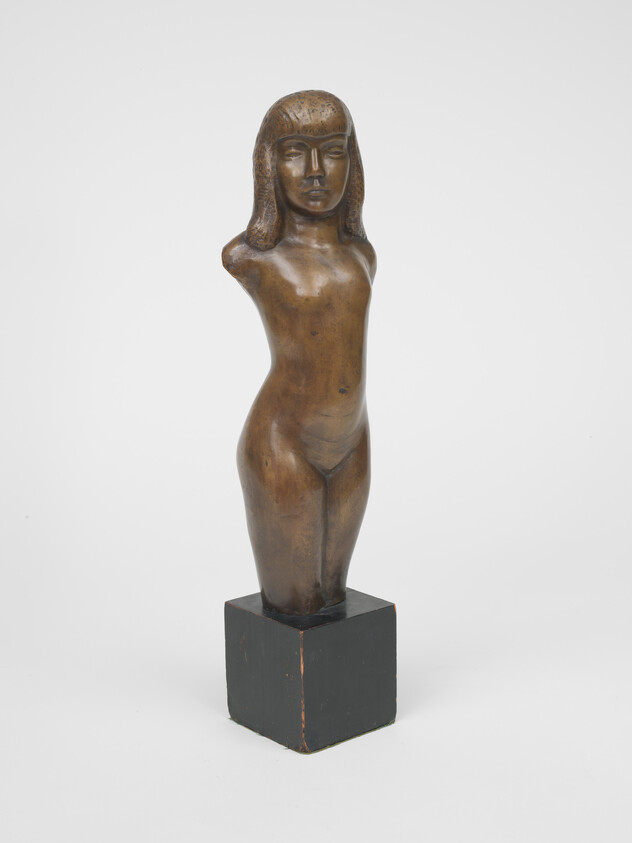 Wooden sculpture of a standing female torso with stylized hair on a black block base.