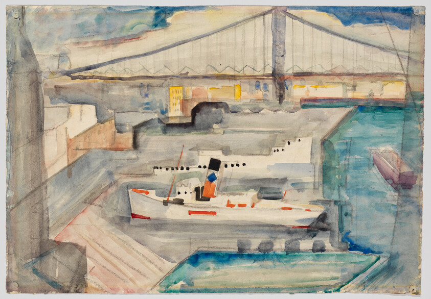 A watercolor view of a docked white ship by a harbor with a suspension bridge in background.