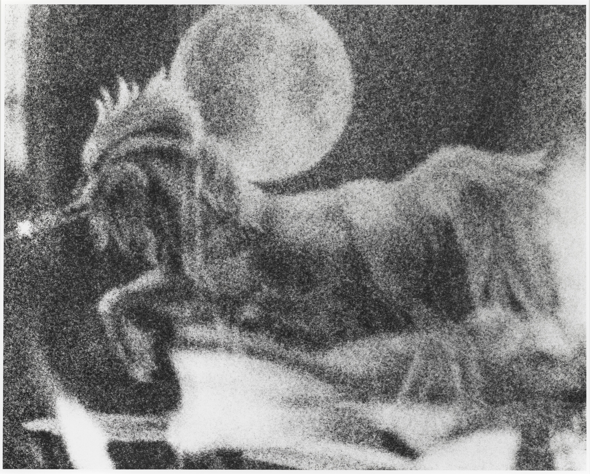 A galloping horse silhouette in front of a large full moon at night.