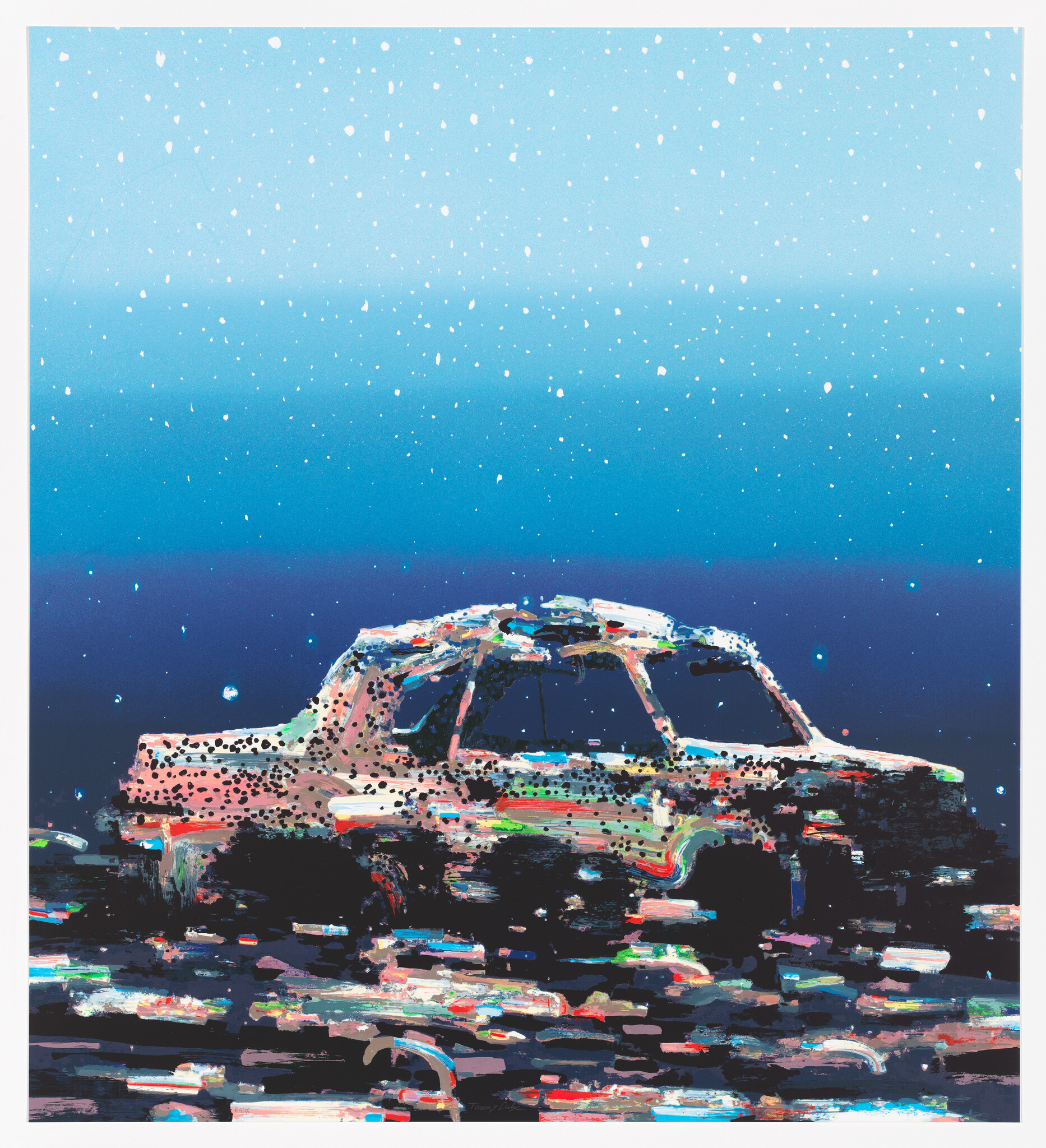 A colorful, glitch-style car sits under a star-filled blue night sky.