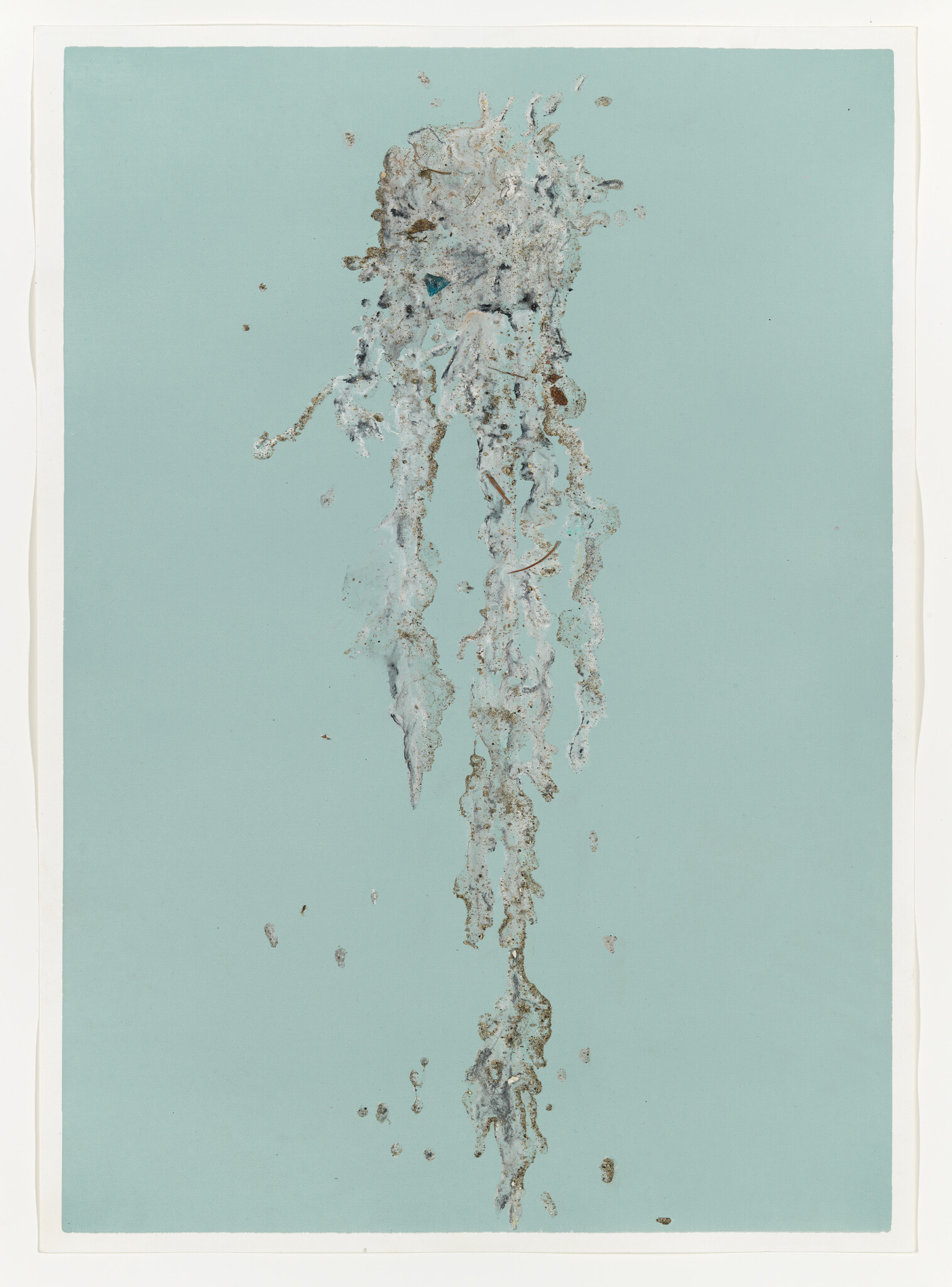 A pale, textured jellyfish-like form with trailing tendrils against a solid teal background.