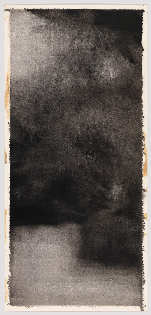 Large vertical sheet with dark charcoal wash and textured marks, showing worn edges.