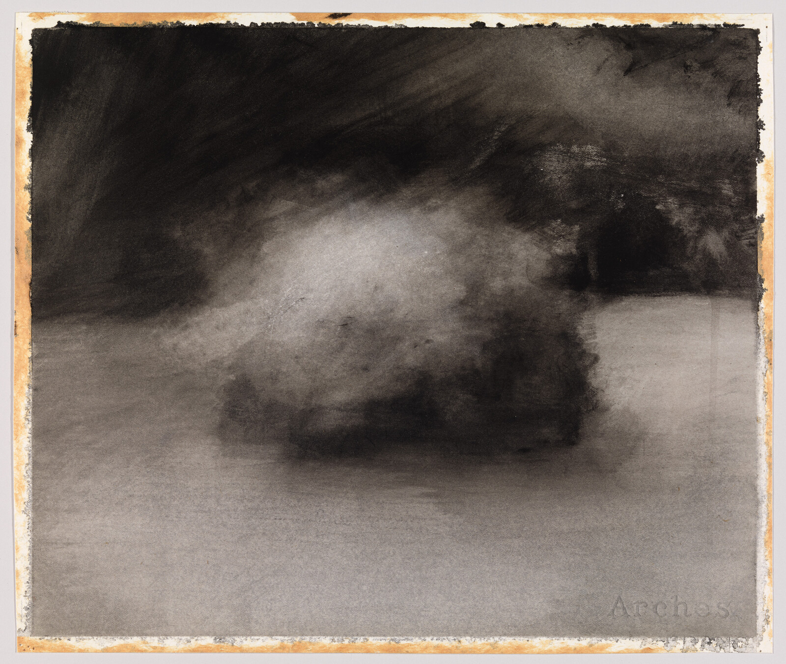A monochromatic abstract painting with various shades of black and gray, creating a smoky and ethereal effect. The artwork is bordered by a rough, brownish edge, suggesting it may be on textured paper, with the word "Arches" visible at the bottom, indicating the type of paper or possibly the artist's signature.