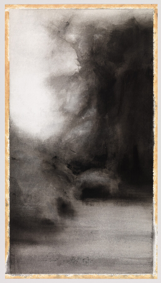 Large abstract black and gray ink wash suggesting billowing clouds over a faint horizon.