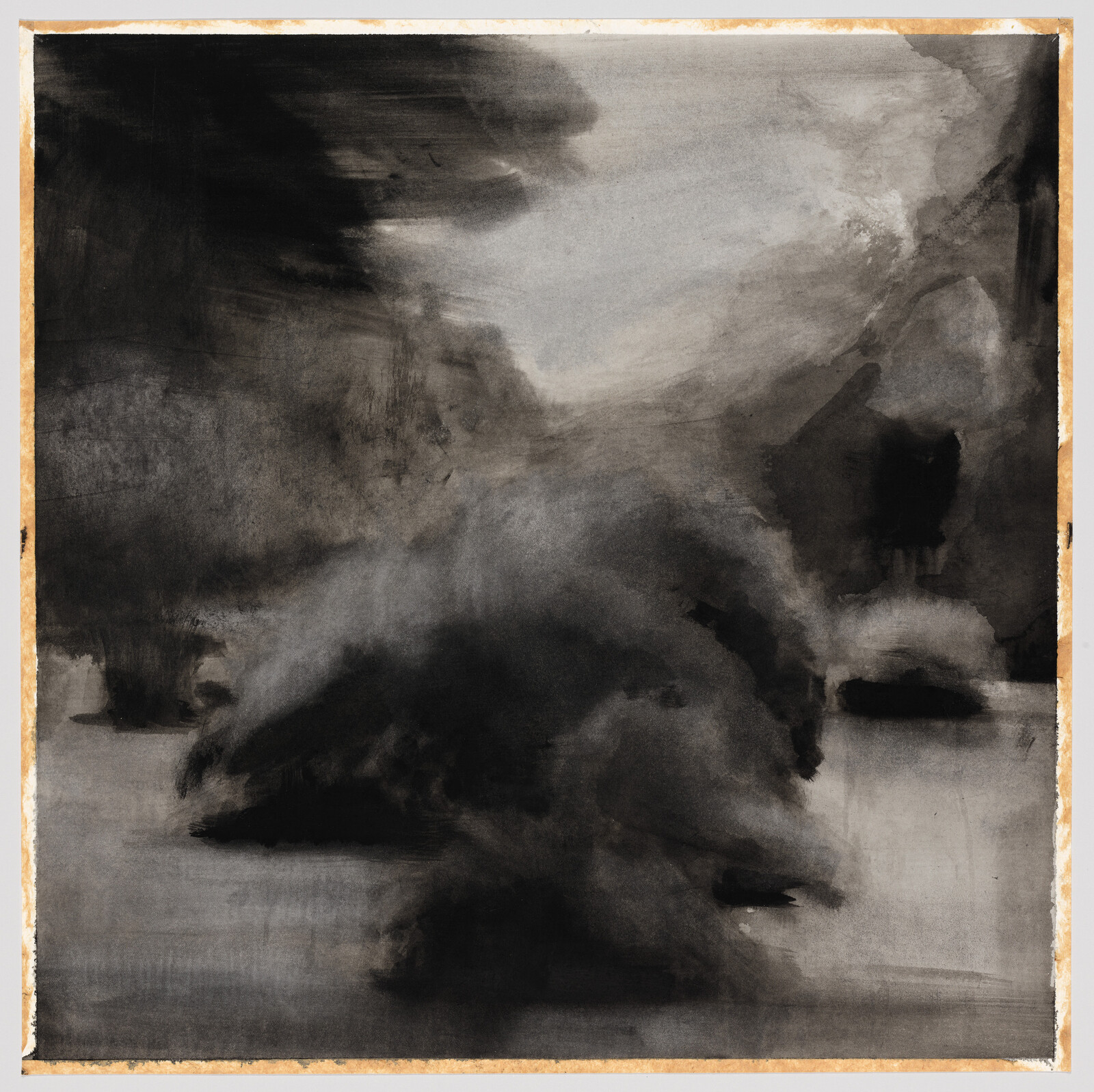 An abstract monochromatic painting with a dynamic interplay of black, white, and gray brushstrokes, creating a moody and atmospheric scene that could be interpreted as a stormy landscape or turbulent waters. The artwork is bordered by a lighter edge, suggesting it may be mounted on a larger background or framed.