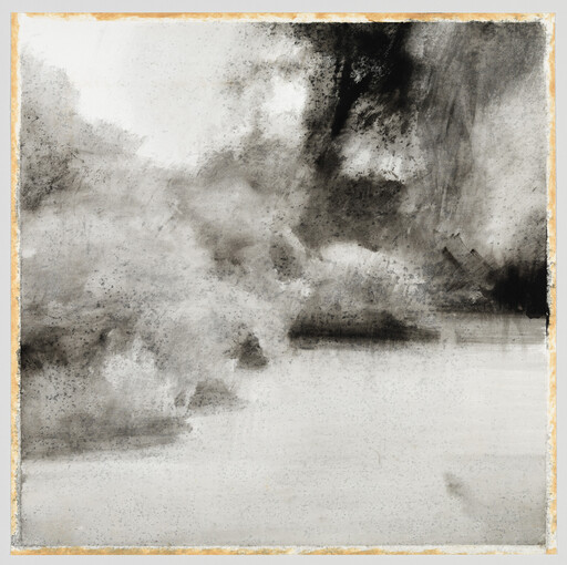 Soft black-and-white watercolor shows a misty riverside with trees and reflections.