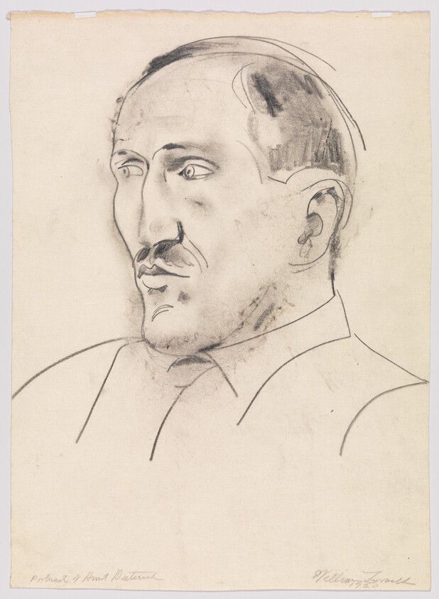 Profile charcoal sketch of a bald man with a mustache wearing a collared shirt.