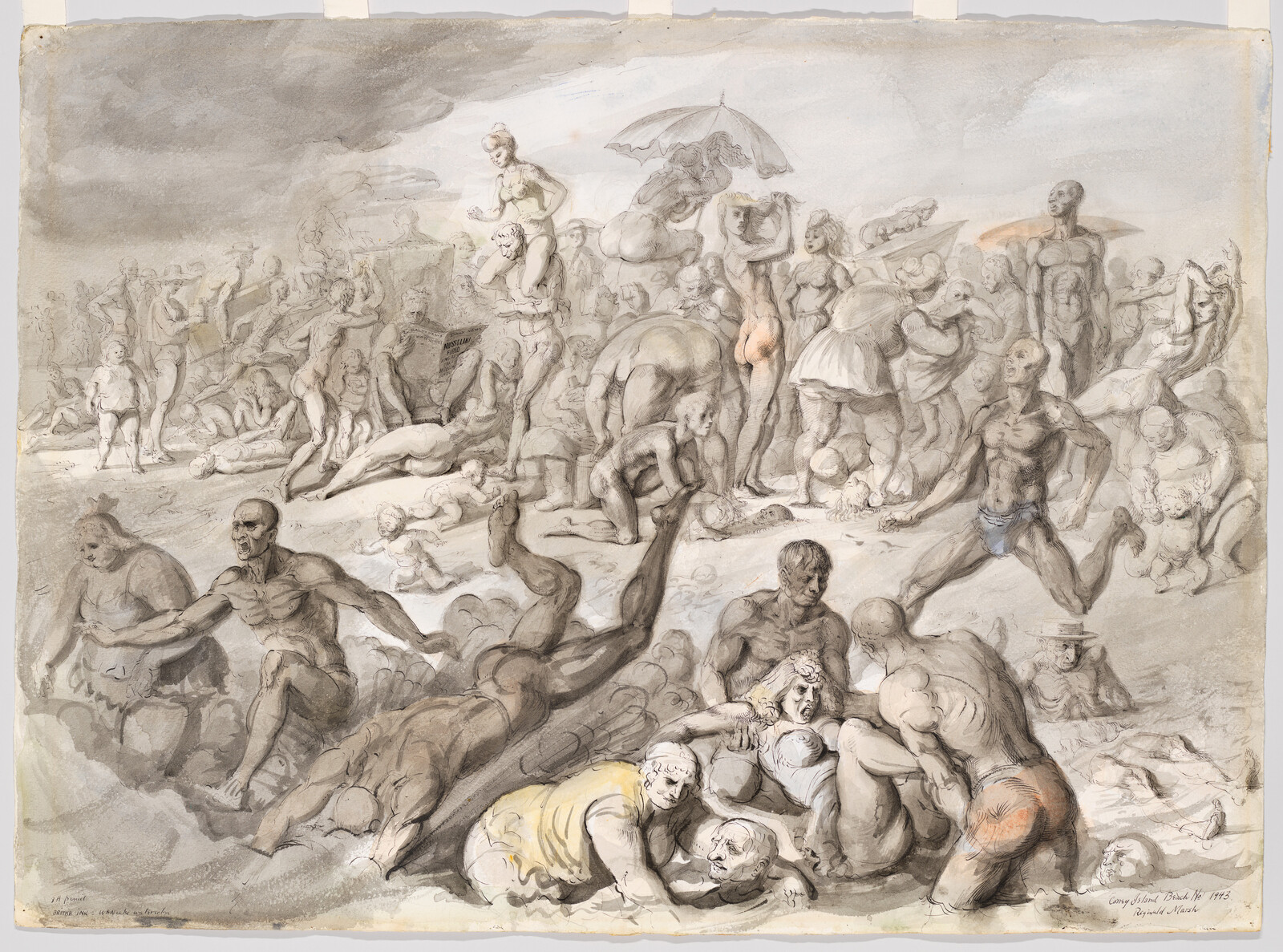 A crowded beach scene with many people fighting, falling, and struggling in sand and water.