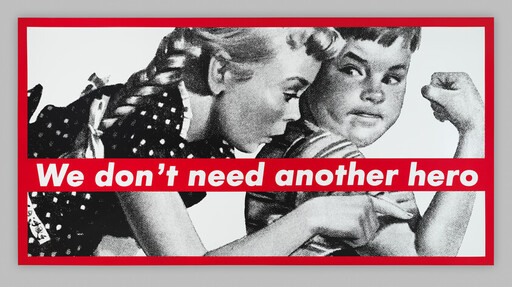Young girl gauges a boy's flexed arm while bold red text reads "We don't need another hero."