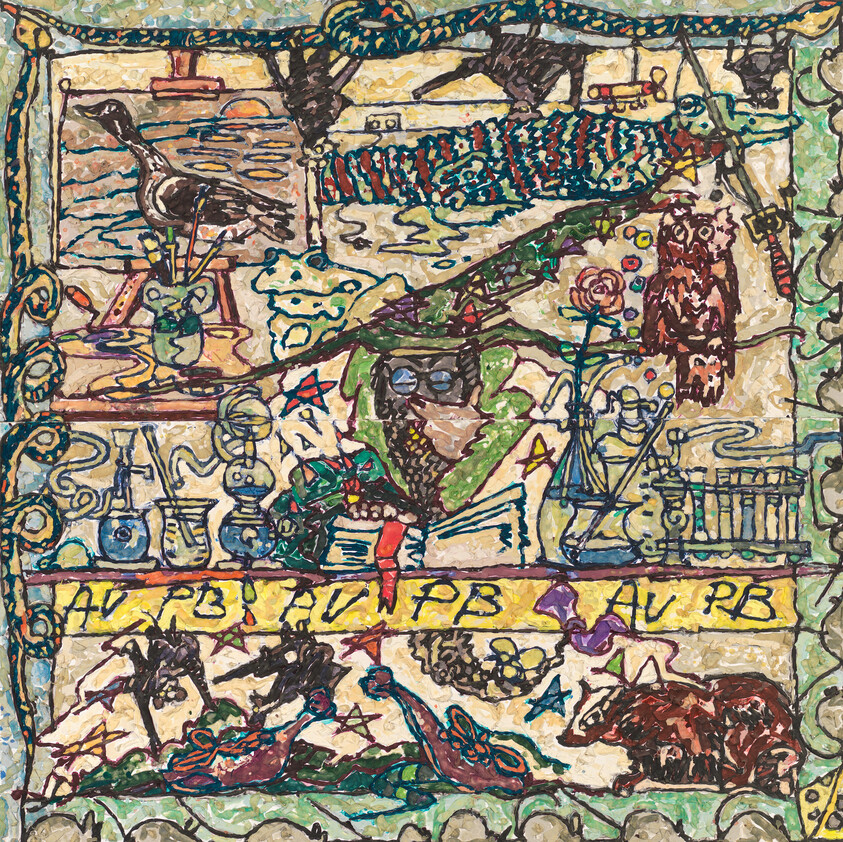 A scholarly owl wearing glasses reads a book among plants and scientific glassware.