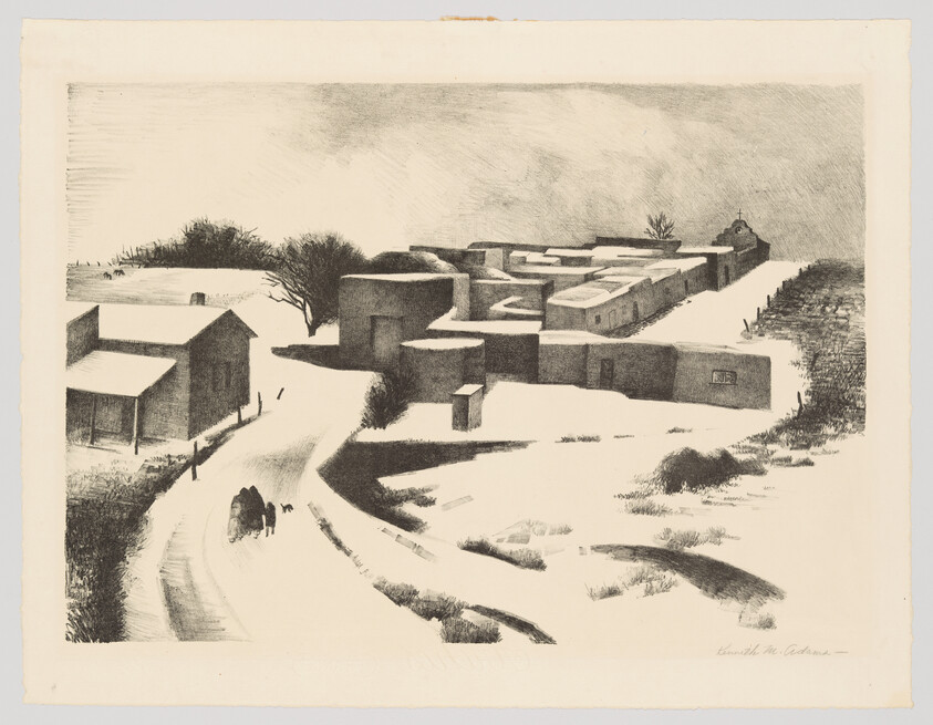 A snowy adobe village with a person and dog walking along a winding road.