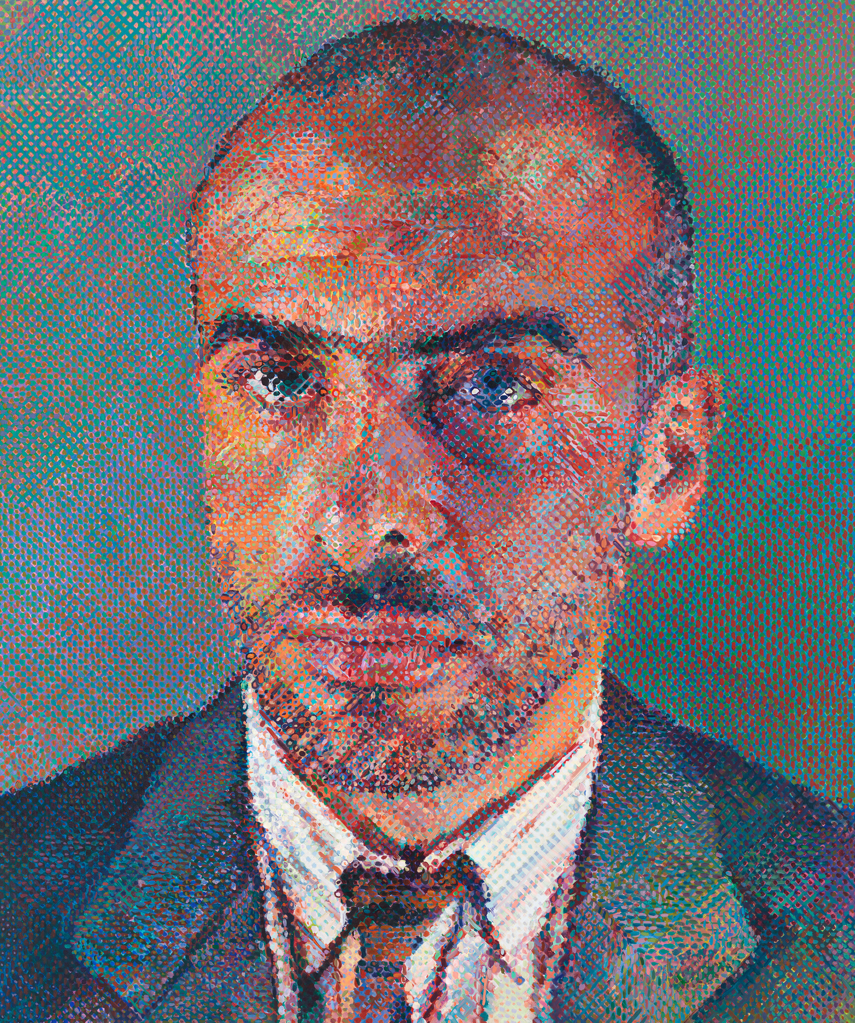 A pointillist-style portrait of a bald man with a beard, wearing a suit and tie. The image is composed of numerous small, colorful dots that collectively form the man's facial features and attire.
