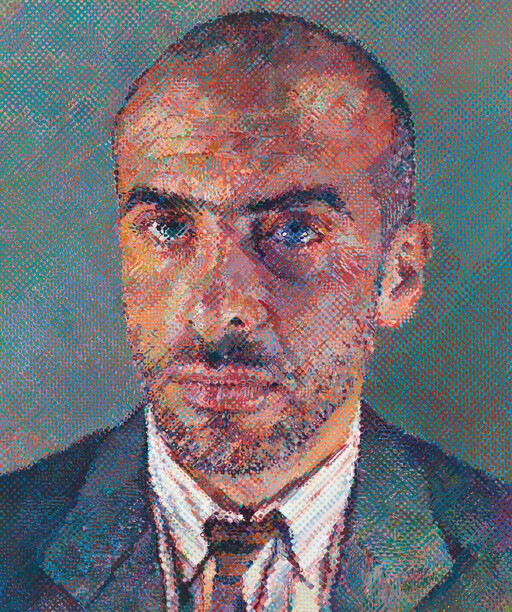 Man in suit and tie gazes forward in a colorful, pointillist-style painted portrait.