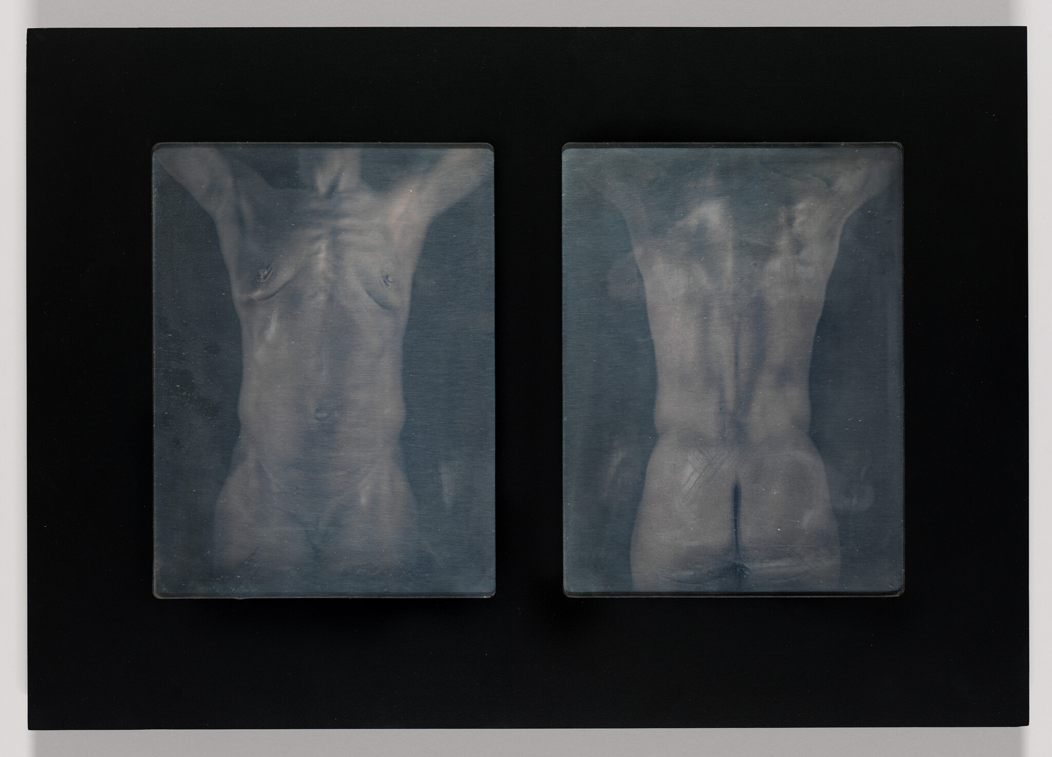 Two monochromatic, vertically oriented panels depicting the front and back of a human torso, presented against a black background. The images have a ghostly, x-ray-like quality, with the details of the body's musculature and form softly illuminated.