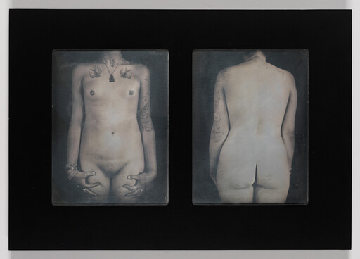 Front and back views of a tattooed person standing nude with hands resting on their thighs.