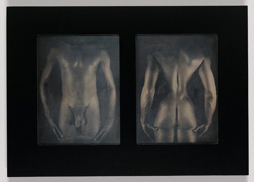 Diptych showing a nude male torso and pelvis from front and back against a dark background.