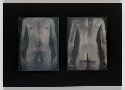 Two framed black-and-white photographs show a nude man's front and back torso side by side.