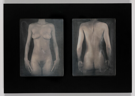 Two grayscale panels showing a woman's nude front and back torso standing with arms at sides.
