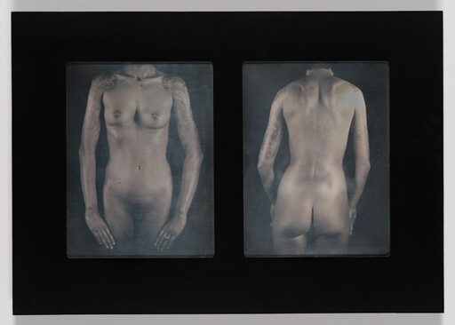 Two side-by-side photographs show a nude torso front and back with tattooed arms.