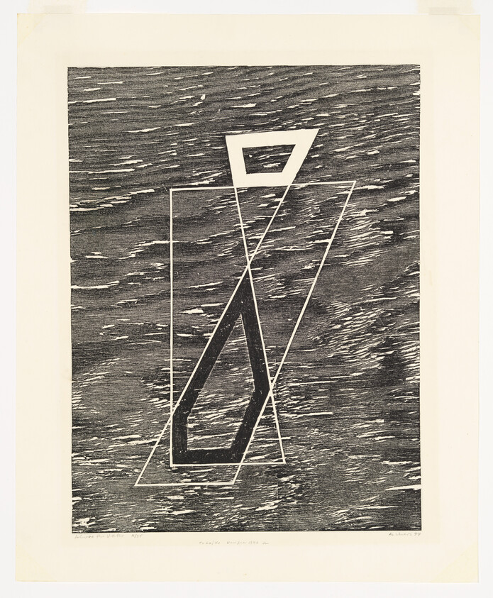 Abstract geometric shapes with overlapping white rectangles and a dark angular polygon on a textured background.